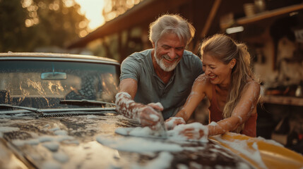 elderly couple Washing a vintage car