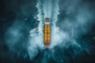 A cargo ship is passing through a storm at sea.