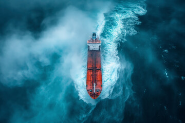 A cargo ship is passing through a storm at sea.