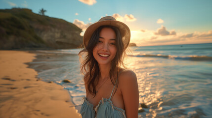 A lovely and beautiful Asian woman happily relaxes during a beach vacation. She wears a cute outfit in the summer.