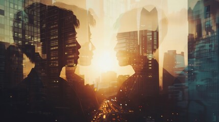 Silhouettes of business people working at corporate office in downtown. Work hard and business development concept. Double exposure