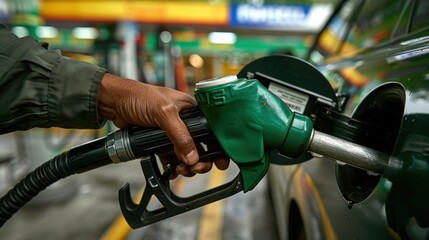 Hand holding fuel pump while refilling car at gas station