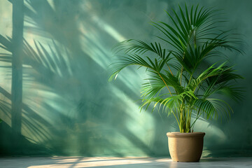 Obraz premium A close-up of a potted plant with green leaves placed on floor, casting a minimal abstract background with a shadow, with copy space