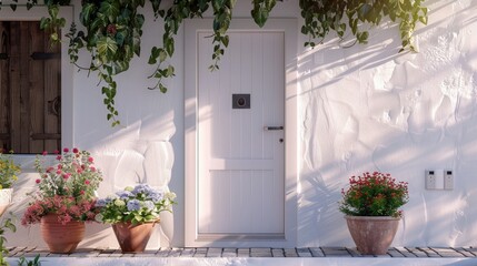 White front door with small square decorative windows and flower pots - obrazy, fototapety, plakaty