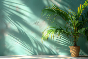 Close-up of a potted plant placed in front of a green wall with a minimal abstract background and copy space