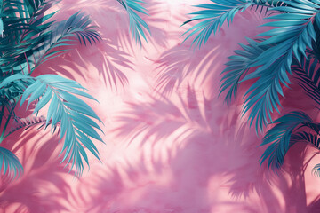 Close-up image showcasing a pink and blue palm tree wallpaper in a room with a green leaf background. Copy space available