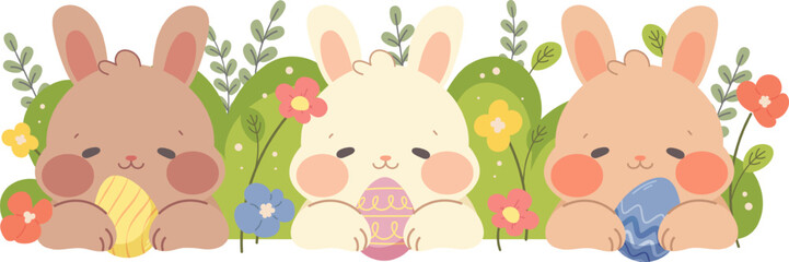 3 Easter bunnies hold eggs, background of branches and flowers. Frame for decoration, scrapbooking. Vector illustration for holiday, event