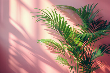 A palm tree casts a shadow on a vibrant pink wall, creating a striking contrast between the tropical foliage and the colorful backdrop, with copy space