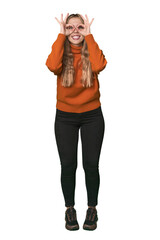 Studio portrait of a blonde Caucasian woman showing okay sign over eyes