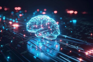 AI Brain Chip semiconductor. Artificial Intelligence random human it maintenance mind circuit board. Neuronal network nanometer technology smart computer processor ui