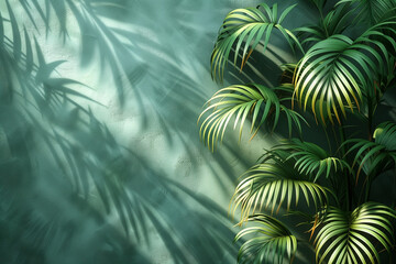 A palm tree casting a shadow on a wall with a green leaf background and copy space