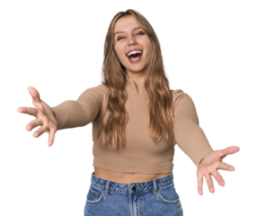 Studio portrait of a blonde Caucasian woman feels confident giving a hug to the camera.