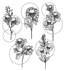 Tattoo art set skull and flower hand drawing and sketch black and white