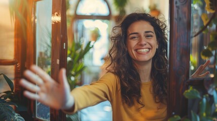 Cheerful woman inviting people to enter in home - obrazy, fototapety, plakaty
