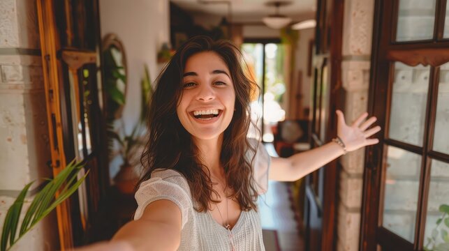 Cheerful woman inviting people to enter in home