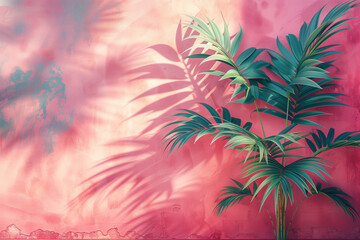 Fototapeta na wymiar A close-up painting of a palm tree with a green leaf background against a pink wall, featuring a minimal abstract design with a tropical shadow, with copy space