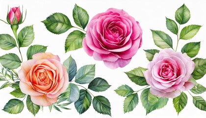 set watercolor arrangements with roses collection garden pink flowers leaves branches botanic illustration isolated on white background