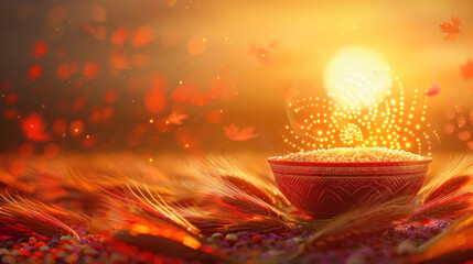 a bowl of grain on a field with ears of wheat the backdrop of a beautiful sunset, a symbol the Baisakhi holiday