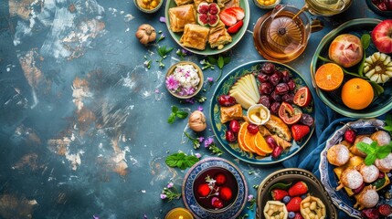 Ramadan kareem Iftar meal with dates, baklava, traditional Arabic sweets, fruit, Arab tea and rose sherbet beverage - Eid Ul Fitr - generative ai - obrazy, fototapety, plakaty