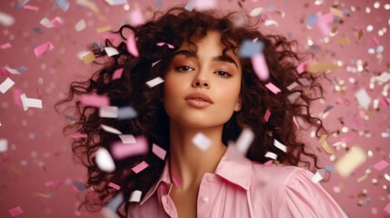 Studio portrait of a beautiful young woman with confetti on a pink background. Holiday concept, Birthday, clothing sales and discounts, Beauty and Fashion endings.