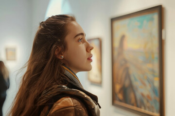 Portrait of a girl standing in an art gallery looking at a painting. A woman staring at a painting in a gallery
