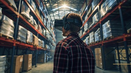 Fototapeta na wymiar Next generation virtual reality technology for innovative warehouse management. Smart Technology Concepts for Industrial Revolution and Automated Logistics Control