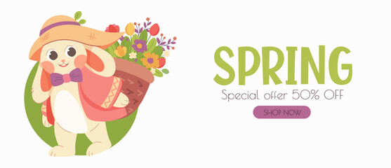 Obraz premium Advertising banner about spring discounts and sales. Special offer of 50%. Vector illustration with cute rabbit carrying flower basket in flat style