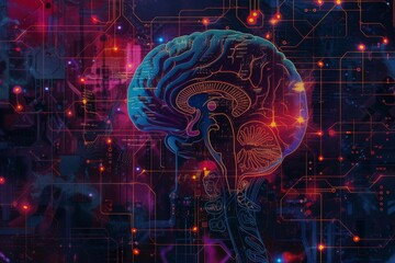 AI Brain Chip materials. Artificial Intelligence emitting human ai culture mind circuit board. Neuronal network brain computer interface development computer processor dimm - obrazy, fototapety, plakaty