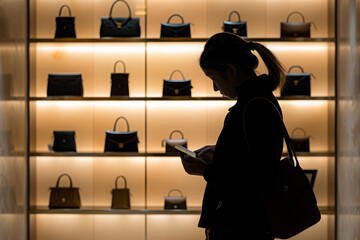 A stylish woman stands indoors, checking her cellphone while her handbag rests on a shelf and a wall of mirrors reflects her fashion accessories