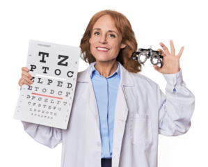 Ophthalmologist with vision test, ensuring eye health and accurate diagnosis