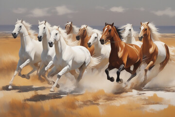 Oil Painting A Herd Of Eight wild Horses Running In The Desert

