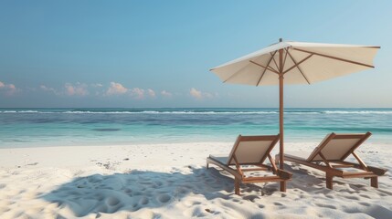 Fototapeta na wymiar Beach chairs and umbrella on a white sandy beach.