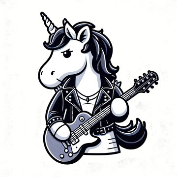 unicorn playing electric guitar instrument wearing leather jacket illustration