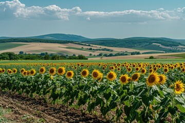 A field of sunflowers with blue sky