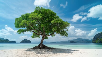 Green mangrove tree on a white sand beach. - obrazy, fototapety, plakaty