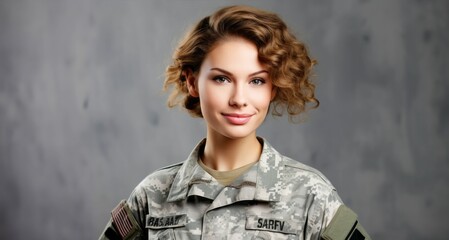 Mujer militar con expresión amable y uniforme de camuflaje - obrazy, fototapety, plakaty