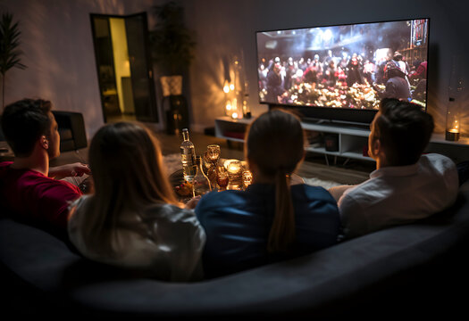 Group of friends watching a football movie on TV set. Back view of young people sitting on sofa and watching TV. Group of 5 friends relaxing on couch at home and enjoying interesting media television