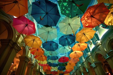 Fototapeta na wymiar Lots of colorful umbrellas opposite opposite sky