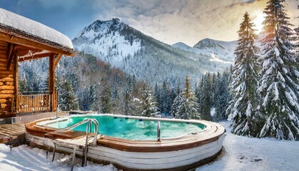 lake in the mountains,ski resort in the mountains. a hot tub with spa near a winter forest with a snow covered mountain in background - obrazy, fototapety, plakaty