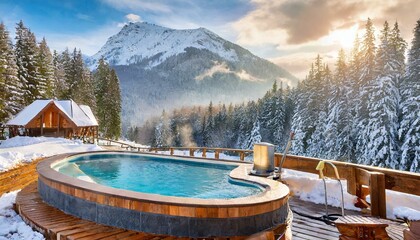 landscape in the mountains,ski resort in the mountains. a hot tub with spa near a winter forest with a snow covered mountain in background - obrazy, fototapety, plakaty