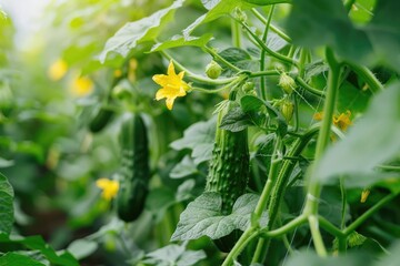 Young plant cucumber with yellow flowers. Juicy fresh cucumber close-up macro on a background of leaves.