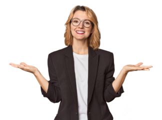 Caucasian woman in black business suit makes scale with arms, feels happy and confident.