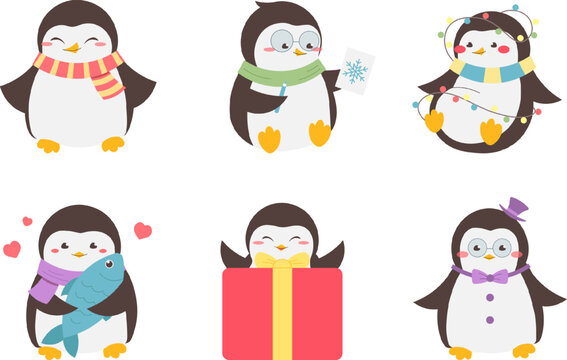 Set of cute cartoon penguins for Christmas and New Year. Penguins in scarves, with pencil, fish, garland and gift. Vector illustration