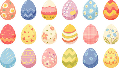 Set of simple flat Easter eggs with different patterns. Vector elements for holiday