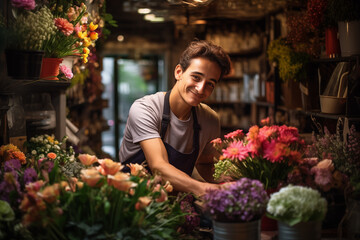 A young enterprising boy happy to have opened his flower business