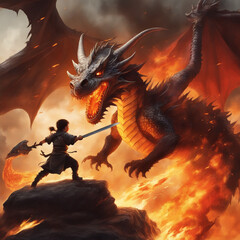 A small warrior flies high and knifes off a scary dragon spewing fire. The background is covered in fire
