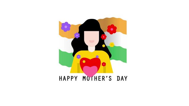 International Mother's Day animation with an icon of a loving mother and red, purple and yellow flowers and the India flag