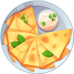 Stack of thin pancakes with bowl for parsley sauce on plate, top view. Vector illustration of delicious food