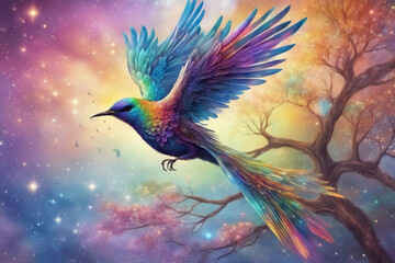A beautiful bird with a long tail and colorful feathers is flying in the sky