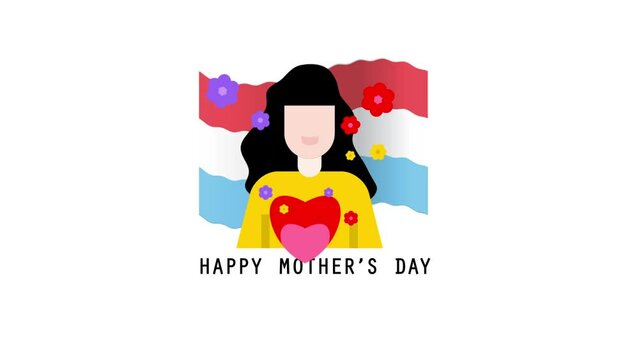 International Mother's Day animation with an icon of a loving mother and red, purple and yellow flowers and the Luxembourg flag